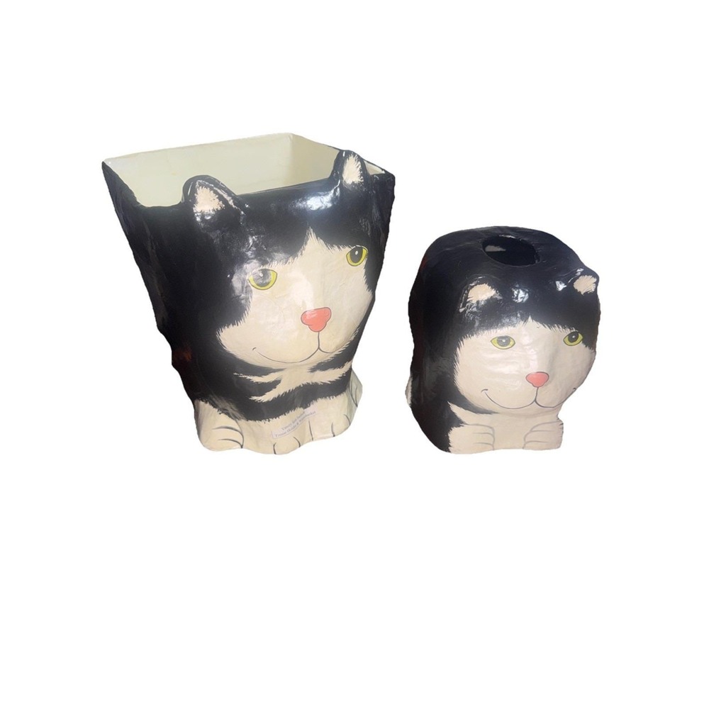 Cat papier-mâché wastebasket tissue‎ holder. 10" Vanity Set. Thailand